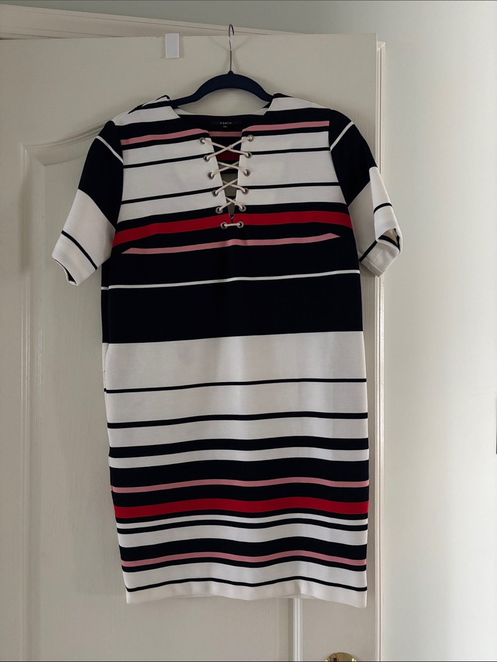 FRNCH Striped Lace-Up Shift Dress in Black, White, Pink & Red